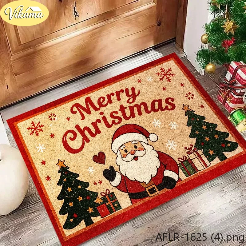 VIKAMA Rustic-Style Santa Claus Rug, “Merry Christmas” Santa Claus Non-Slip, Absorbent Entryway Mat, Christmas Home Decor