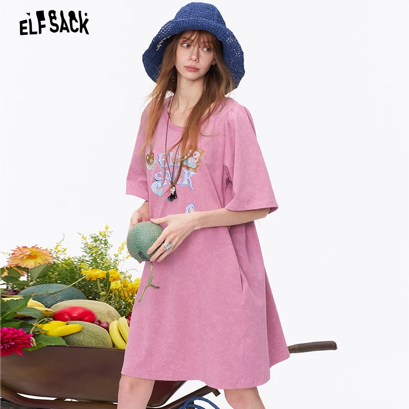 

ELFSACK Women's Sweet T-Shirt Dress with Bear Embroidery & Tie Back, Preppy Casual Oversized A-Line Knit Dress for Daily Wear