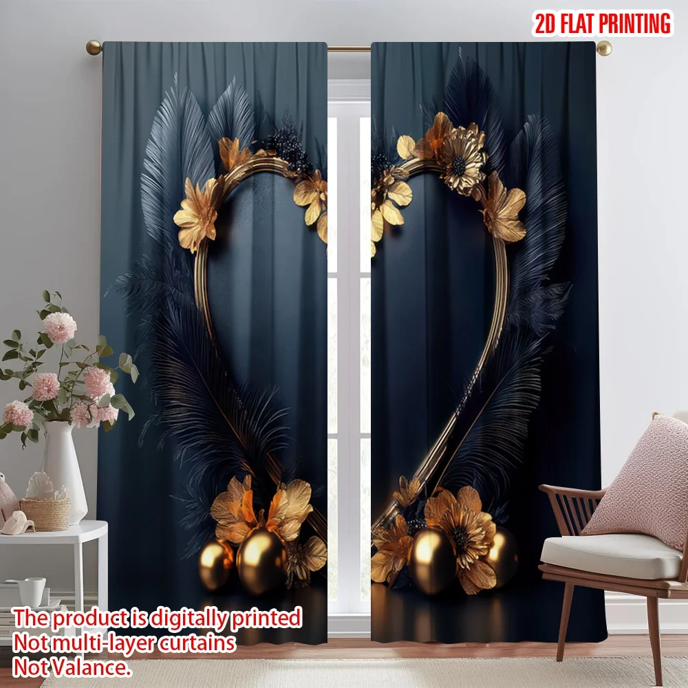 

2D flat printing 2pcs Curtains Valentine's Gold Heart Frame Digital Printed Polyester Drapes Family Party Decoration for Photo