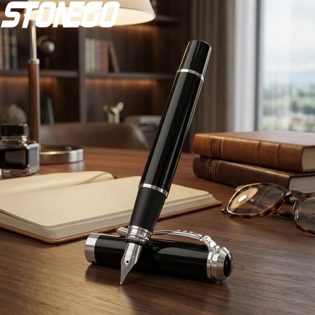 0.38mm Extra Fine Nib Fountain Pen Black Metal Calligraphy Pen Elegant Writing Gift for Office and School