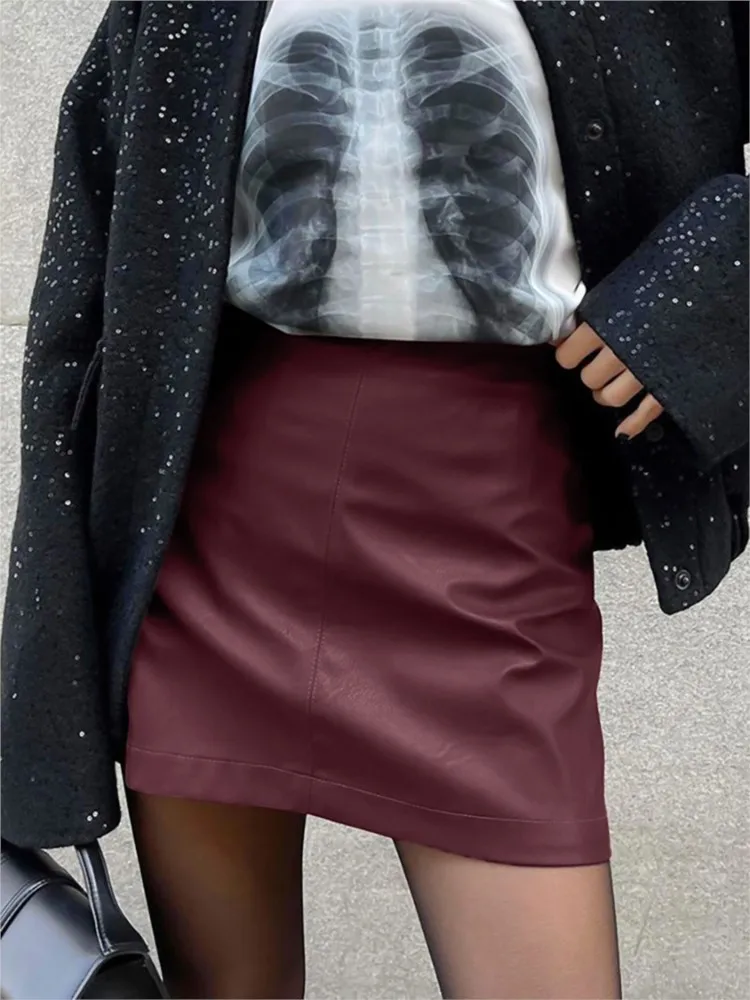 Wine Red Vintage Pu Leather Short Skirt Streetwear New Zipper Autumn Skirt For Women Fashion Double Layered Plushed Winter Skirt