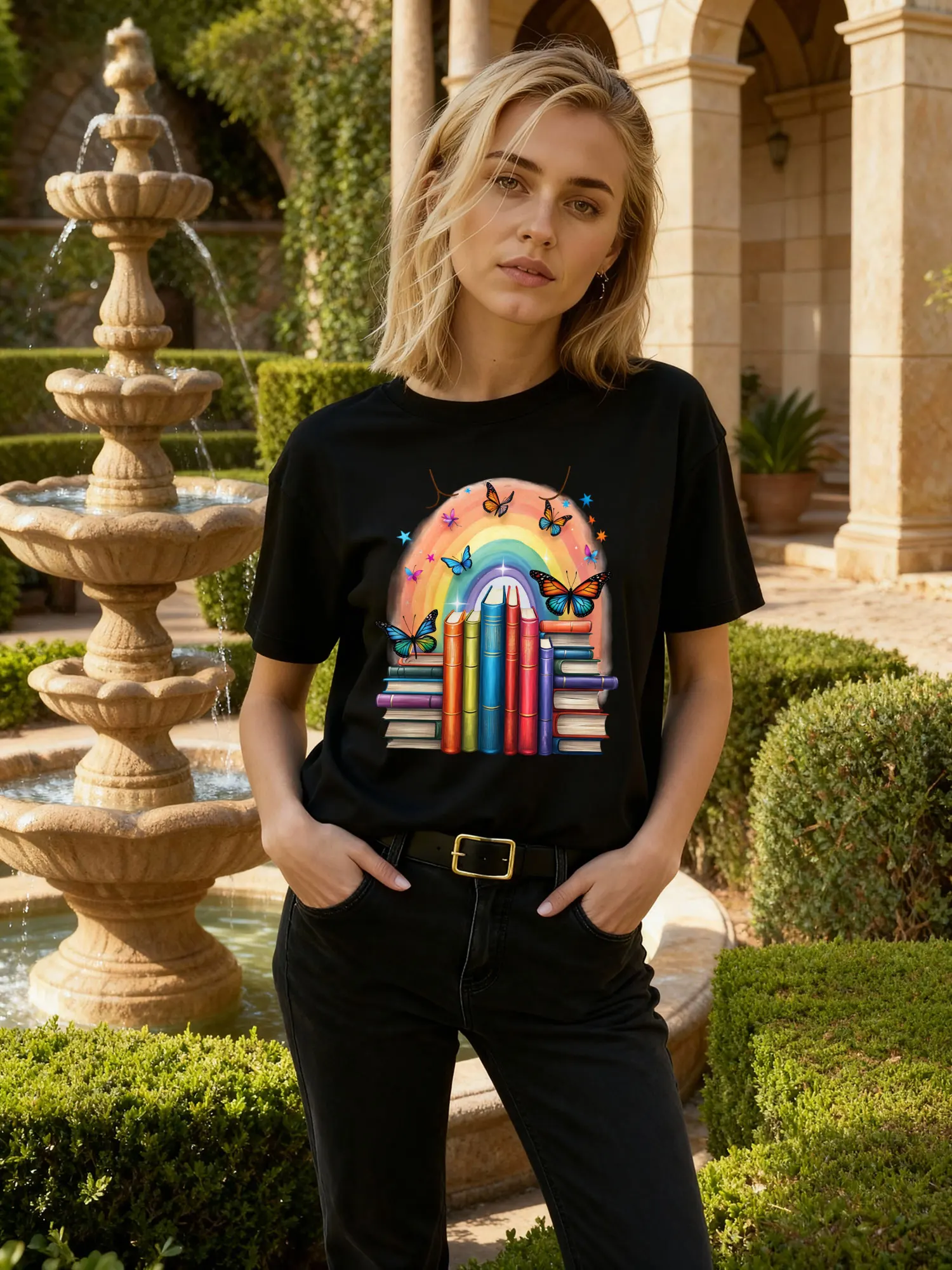 Women Casual t Shirt Black Rainbow Books and Butterflies Print for Garden Party and Daily Wear