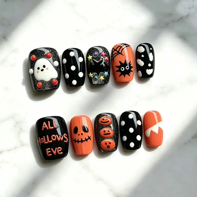 10 Stück Halloween-Geister-Kürbis-Aufklebnägel Süßer & Cooler Stil Feiner Schimmer Eis-Transparente Katzenaugen-Nagelaufkleber Nagelpatches – Detail 4