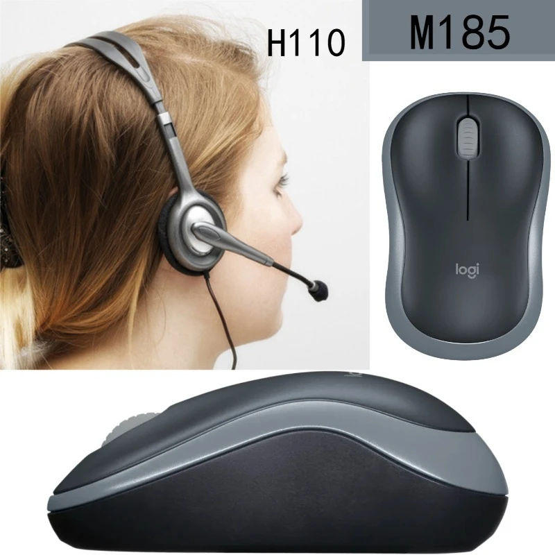 سماعة رأس سلكية من لوجيتك H110 مع ميكروفون وماوس لاسلكي M185 - مجموعة صوتية مريحة وتحكم دقيق.