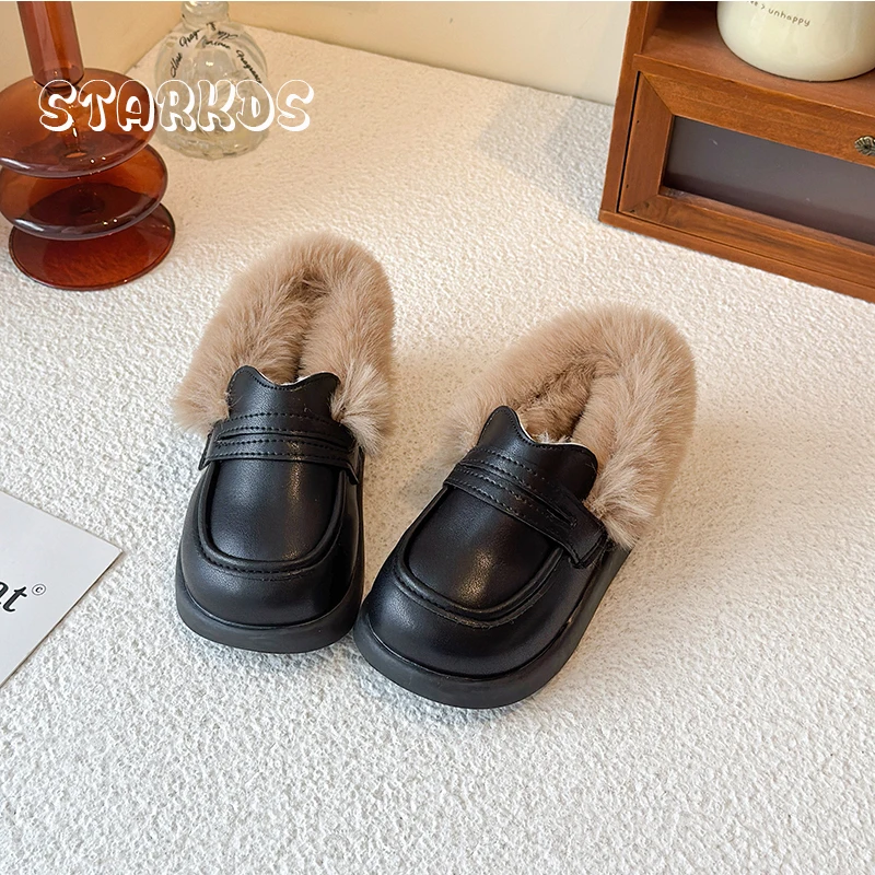 سميكة وحيد الدافئة الفراء المتسكعون الاطفال فتاة الشتاء رقيق أفخم الجلود حذاء مسطح طفل رضيع الفاخرة ريال الأرنب الفراء المدرسة Zapatos
