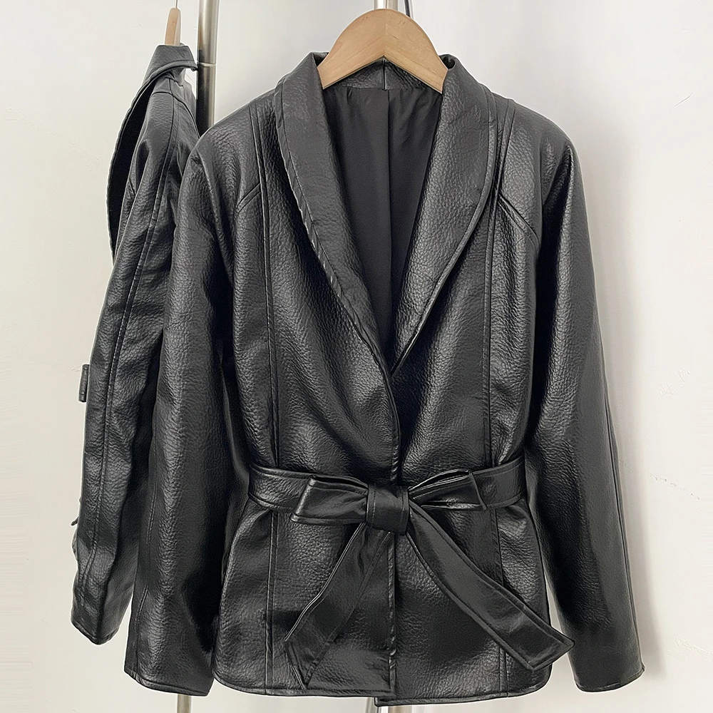 OFTBUY Neue Frühlings-Streetwear Damen Schicke Oversized PU-Lederjacke mit Revers, Lässiger Mantel mit langen Ärmeln, überschnittenen Schultern und Gürtel für Damen – Detail 11