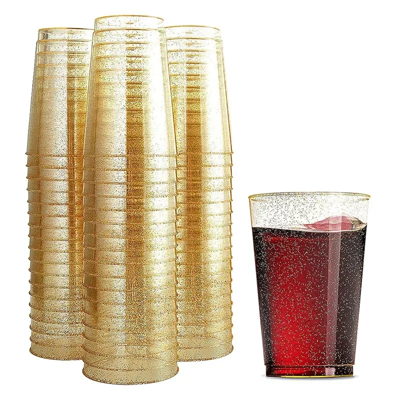 

50Pcs 10OZ Gold Plastic Cups, Disposable Gold Glitter Plastic Cups, Clear Plastic Cups Party Cups Cups Tumblers Wedding