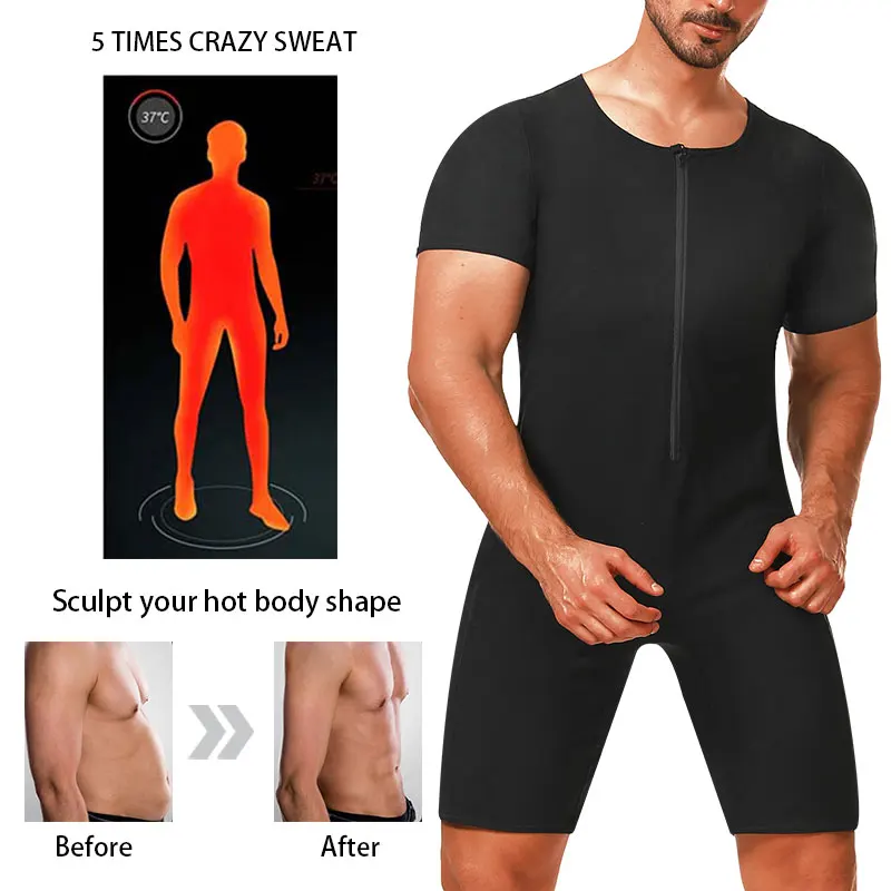 Men's 3-In-1 Sauna Sweat Shirt Heat Trapping Weight Loss Full Body Shaper Workout Short Sleeve Shorts Exercise Fitness Jumpsuits