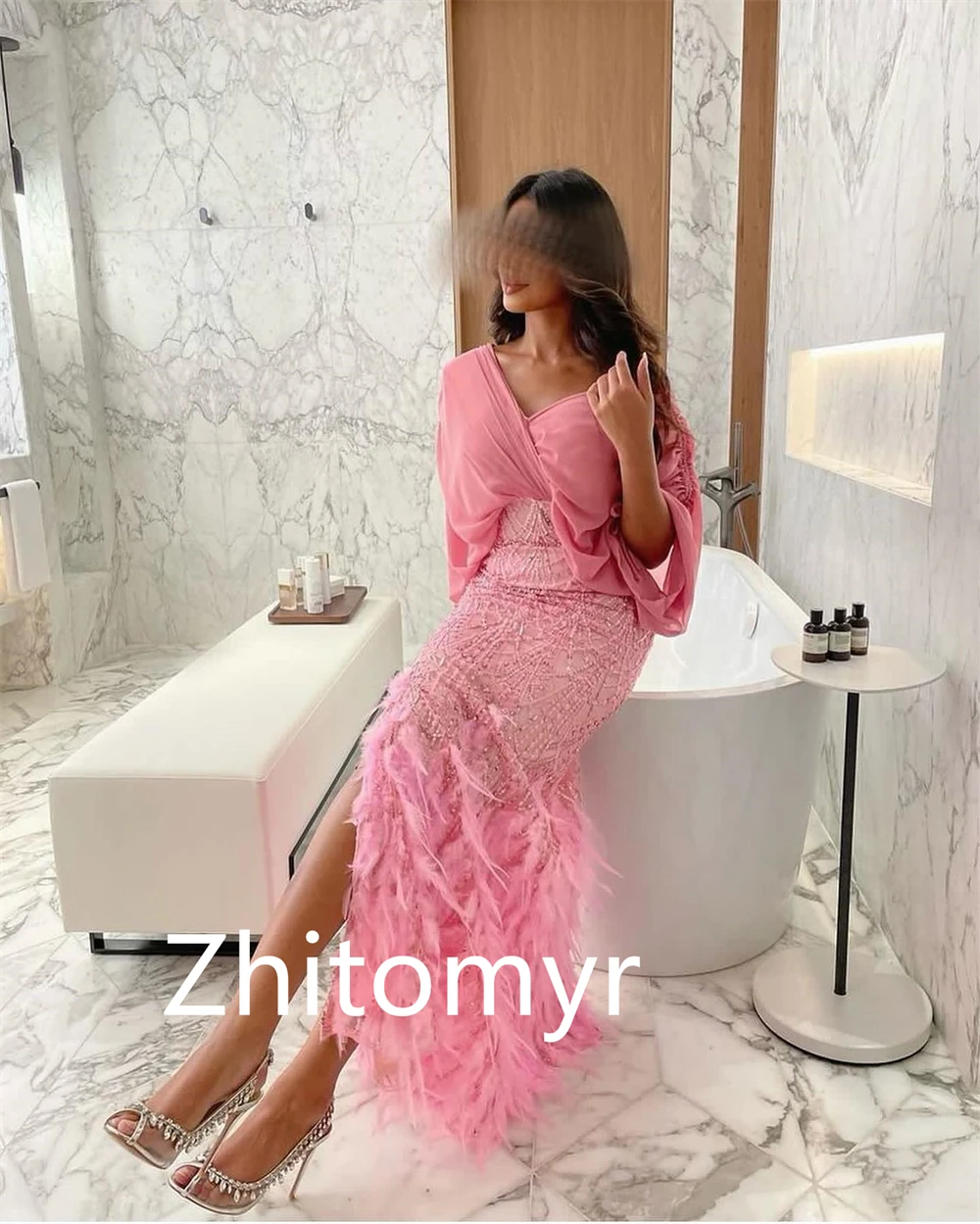 Customized Jersey Beading Sequined Feather Ruched Christmas A-line V-neck Bespoke Occasion Gown Midi Dresses