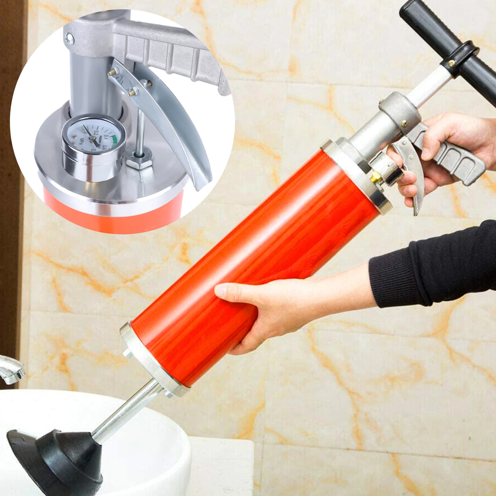 Desatascador de inodoros portátil de alta presión, herramienta manual de limpieza de tuberías de 0.7Mpa con bomba de aire para desatascar, 20*53.3cm