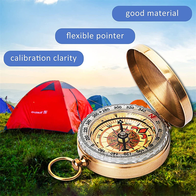 Compass Outdoor Camping Waterproof Hiking Portable Pocket Brass Gold Color Copper Compass Navigation with Noctilucence Display