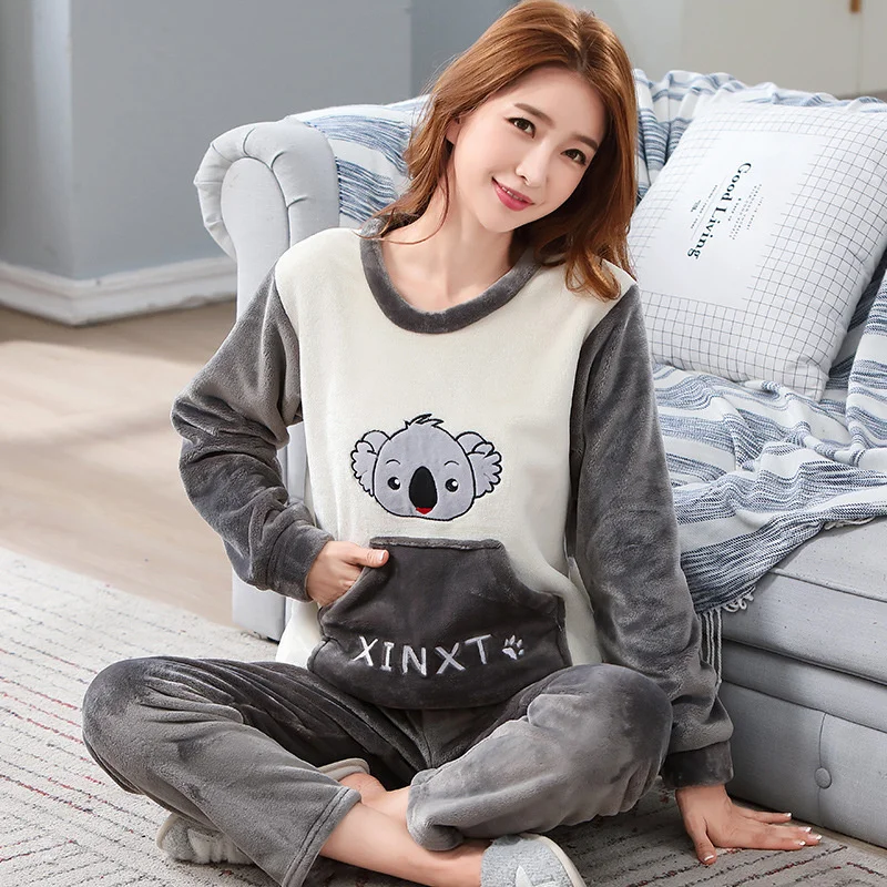 2023 Winter Women Flannel Pajama Sets Cute Round Neck Sleepwear Long Sleeve Coral Velvet Cozy Loose Lounge Wear Sweet Cartoon