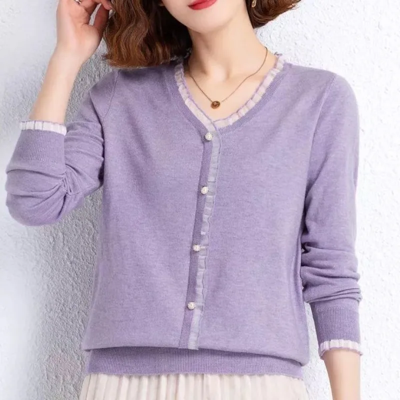 Women\'s 2023 Spring and Autumn Solid Color Pullover V-Neck Knit Ruffles Long Sleeve Button Fashion Sweaters Female Clothing Tops