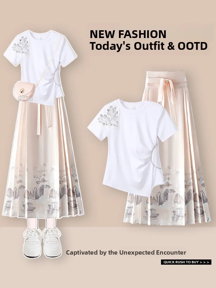 

Love Heart Diamond Embedded ort Sve T-irt Women's 2025 Summer f Body Skirt Two-Piece Set Traditional Chinese Sle