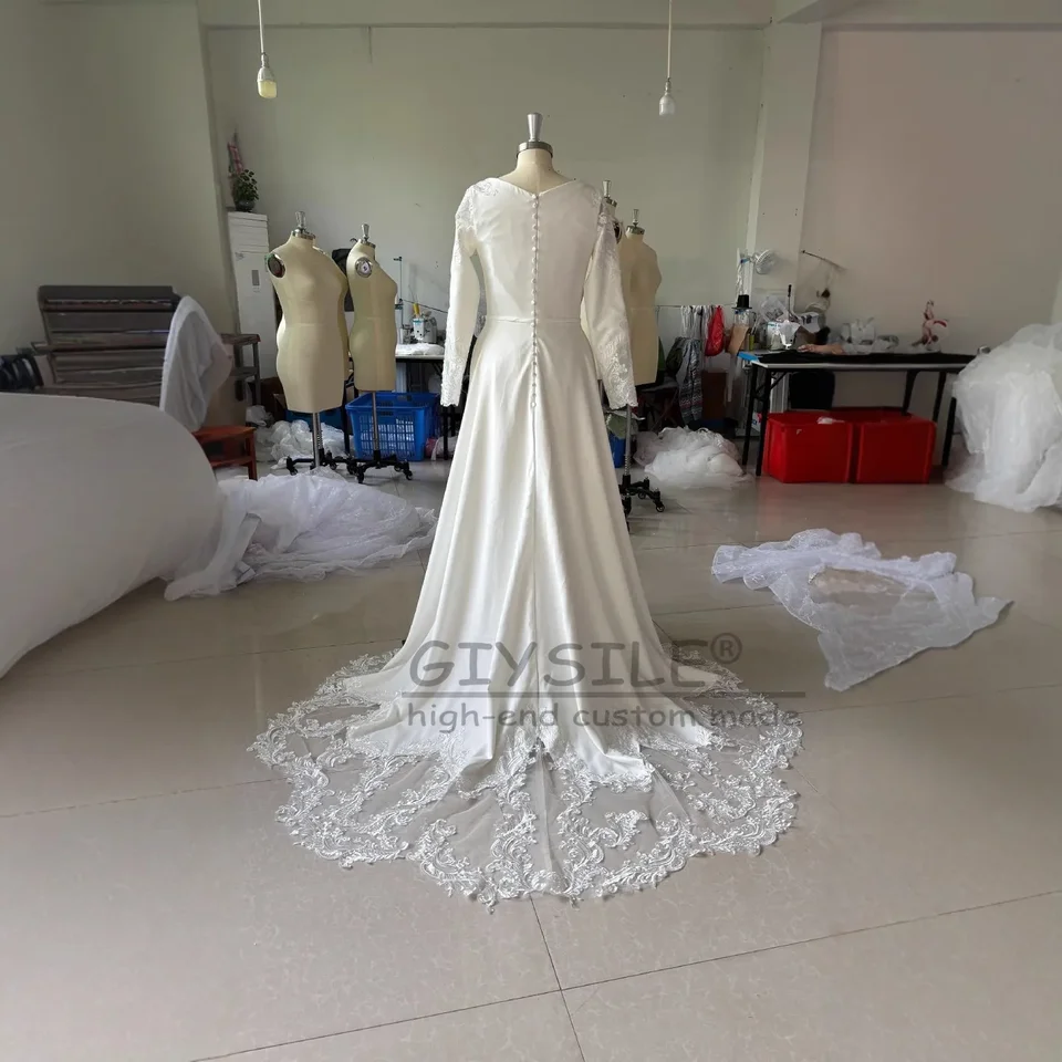 GIYSILE Customized Modest A Line Wedding Dresses for Women Simple Appliques  Lace Bride Gown O Neck Long Sleeve Vestido De Noivas - AliExpress 320