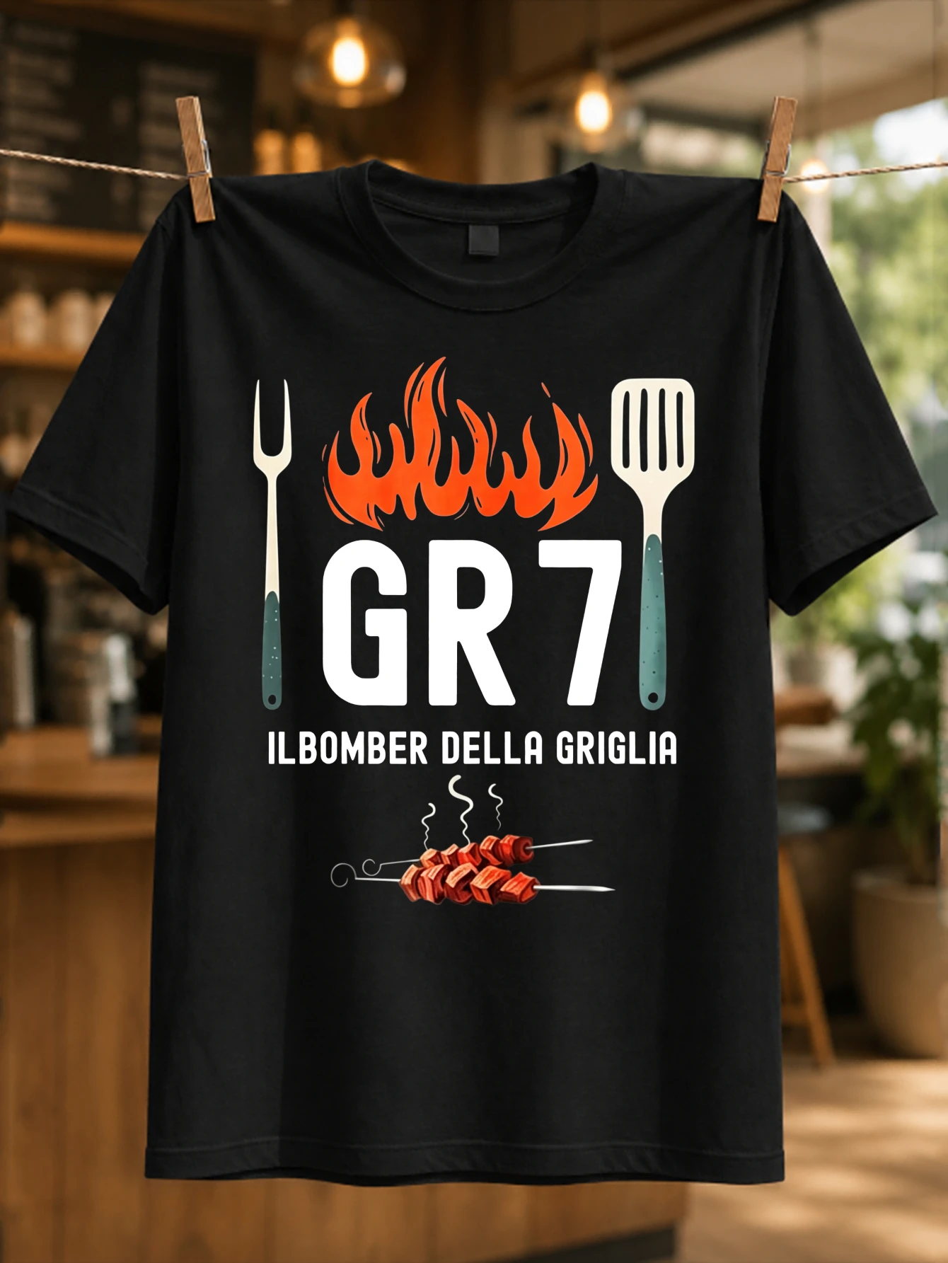 GR7 Grill Master flame fork spatula and skewer illustration with Italian barbecue text cooking  Unisex All T-Shirt