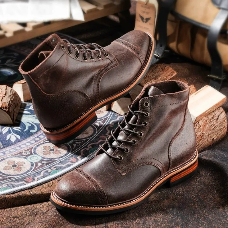 Handmade Genuine Leather Thick Sole Business Casual High-top Lace-up Chelsea Boots Men's Shoes Work Motorcycle Boots Male