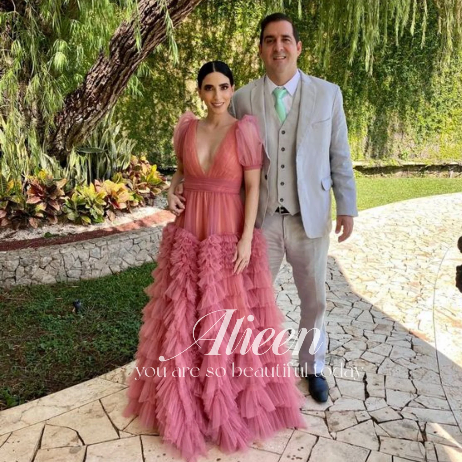 

Aileen Pink V Neck Ball Gown Sweet Puff Sleeve Evening Gown Elegant A-line Party,Wedding Prom Dresses 2023