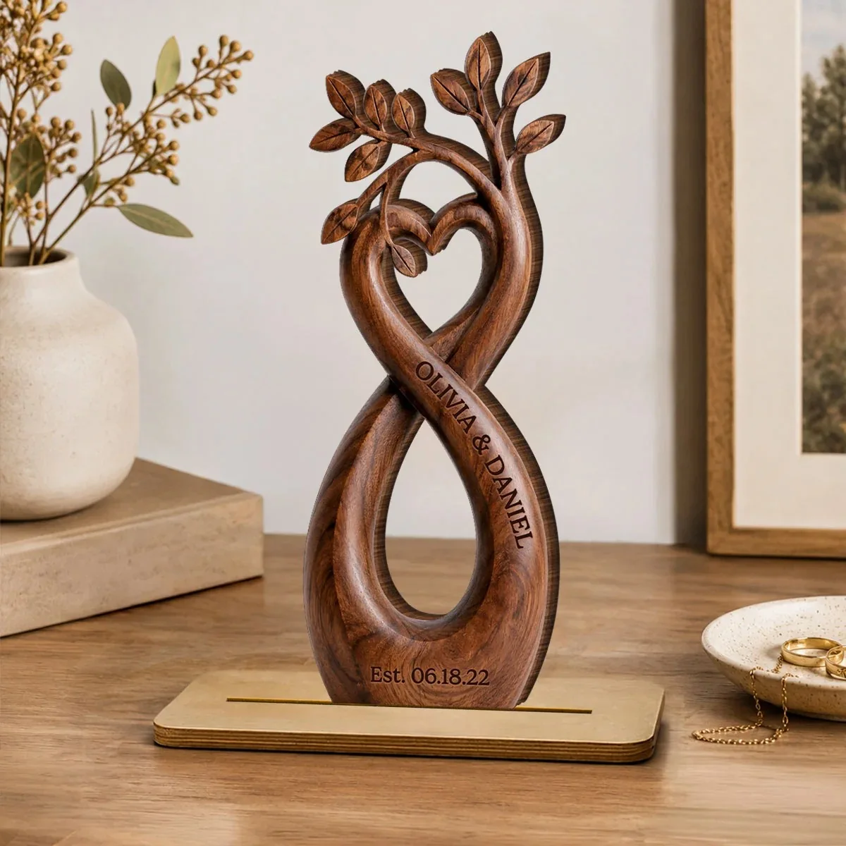Personalized Heart Tree Sculpture Wooden Couple Gift Custom Two Names Engraved Wedding Anniversary Romantic Present