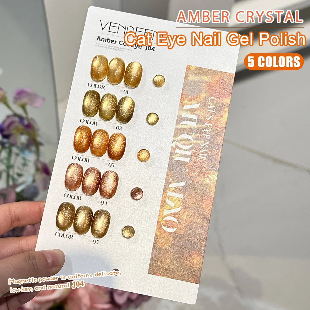 Vendeeni 5 Colors/Set Amber Crystal Cat Eye Gel Nail Polish Magnetic UV LED Gel Varnish Golden Brown Cat Eye Gel With Display