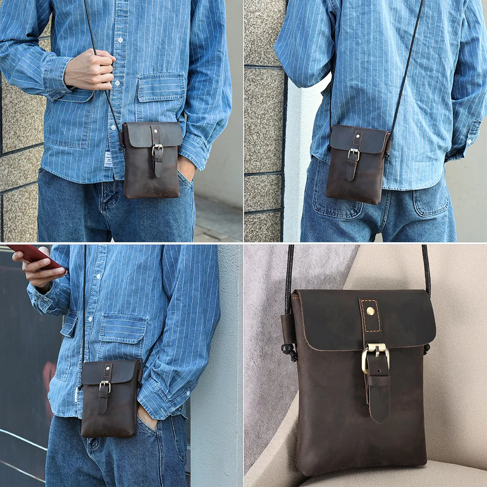 Bolsa mensageiro vintage de couro genuíno para homens, mini pacote para celular, cavalo louco, ombro, tiracolo, casual