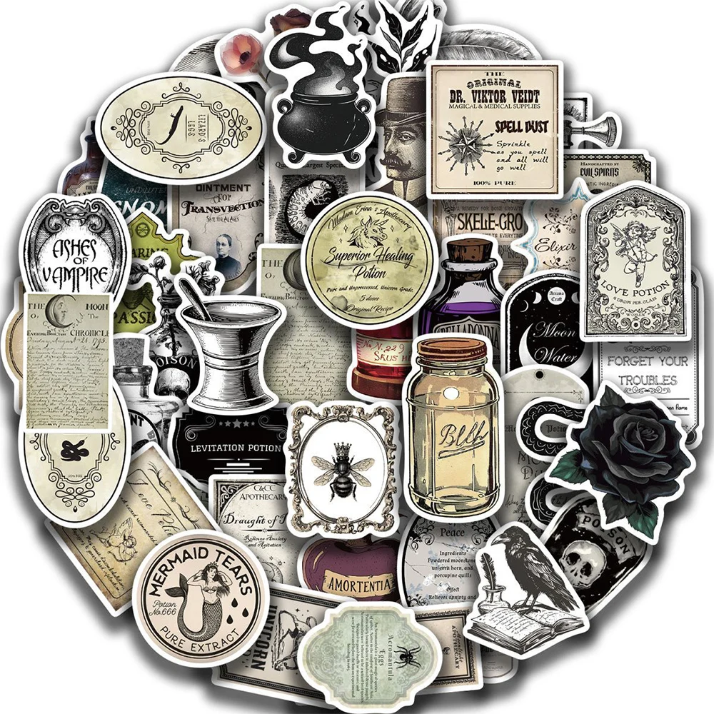 10/30/50pcs Retro Magic Potion Label Stickers Gothic Cartoon Apothecary Decals for Scrapbook Laptop Guitar Cool Graffiti Sticker
