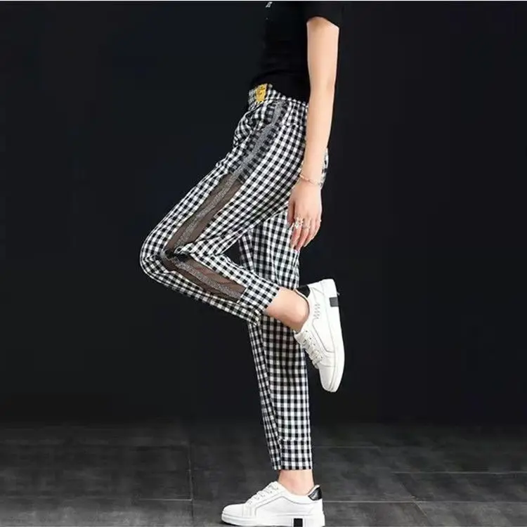 Black White Checkered Mesh Pants for Women in Spring and Summerlarge Size Loose Casual Pants Silver Edge Nine Point Harem Pants
