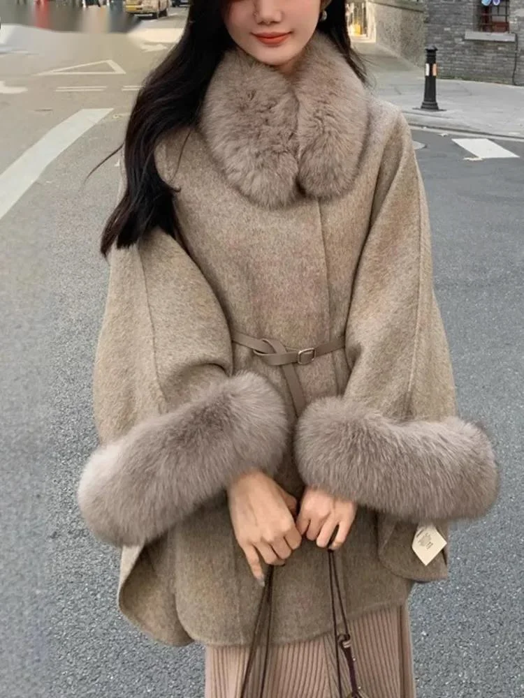 Double Sided Wool Coat For Women Fur Collar Detachable Cuffs Belt Coats 2026 Autumn Winter New 23Z94GY