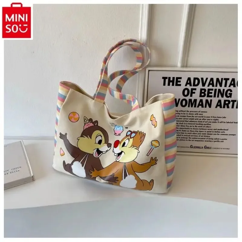 MINISO Disney cartoon Qiqi canvas Joker shoulder bag leisure large capacity storage student commuter portable tote bag