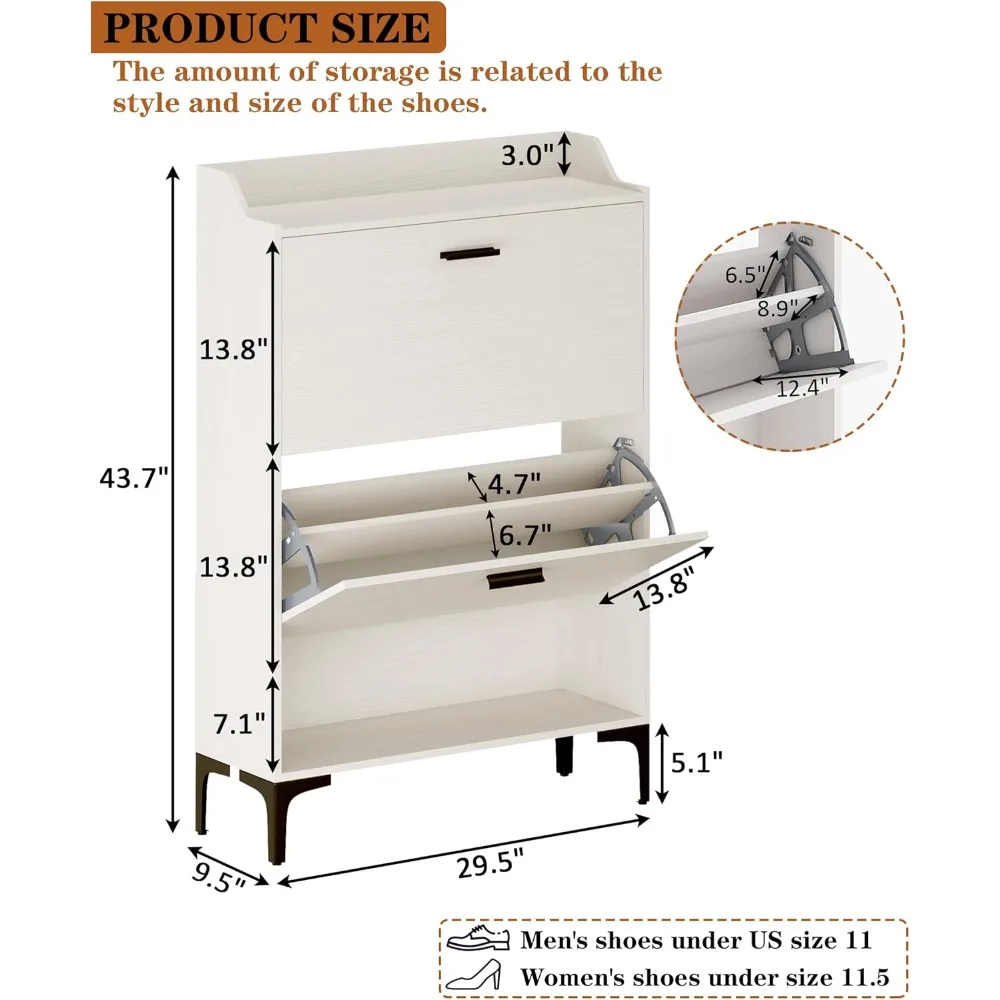 Modern Slim Shoe Organizer, Tipping Shoe Cabinet with 2 Flip Drawers, Narrow Shoe Rack for Living Room Entryway