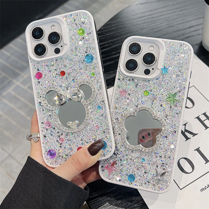 Cute Diamond Bow Mickey Minnie Mirror Bling Glitte Phone Case For iPhone 11 12 13 14 15 16 Pro Max Love Heart Bling Mirror Cover