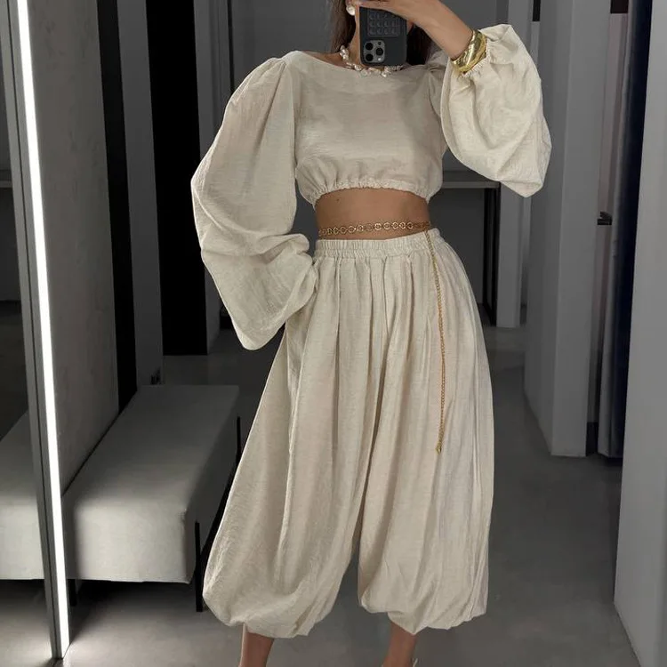 2026 New Round Neck Long-sleeved Exposed Navel Lace-up Top and Trousers Two-piece Fashion Casual Suit Women