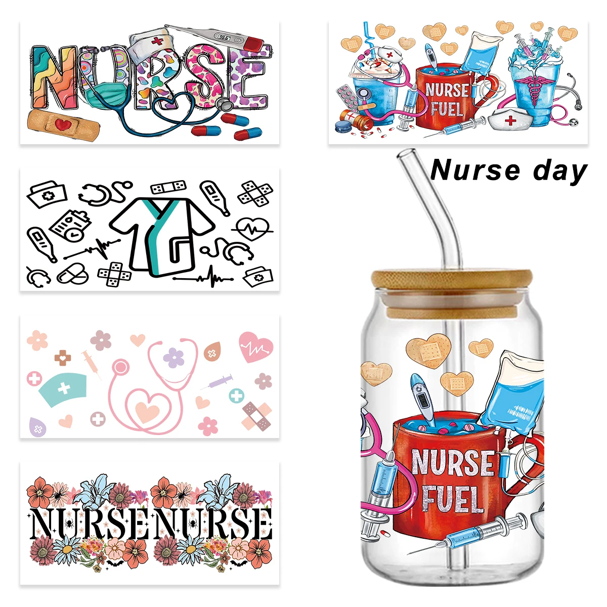 

Nurse Design 16oz UV DTF Wraps Stickers Cute Wraps For Glass Libbey Selfadhesive Washable DIY Custom