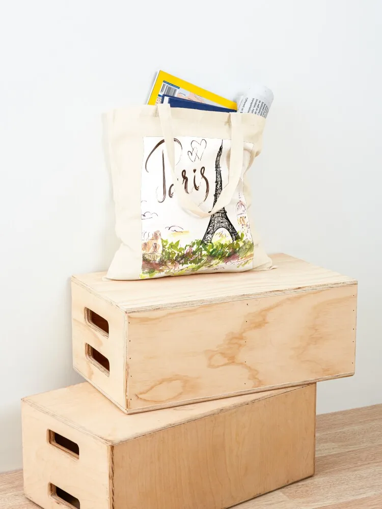 Paris Eiffel Tower illustration, Eiffel Tower Drawing Illustration, Hand-painted Eiffel Tower Tote Bag