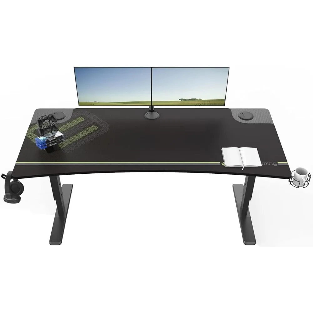 Manual Height Adjustable Home Office Computer Desk, 63 Inch Large Curved Edge Standing PC Gaming Table Workstation with Full Mo
