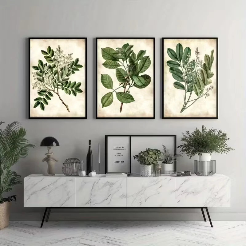 

3pcs Plant Green Leaf Retro Canvas Poster Picture Wall Art Modern Coffee Shop Bar, Living Room Dining Room Home Decoration Print