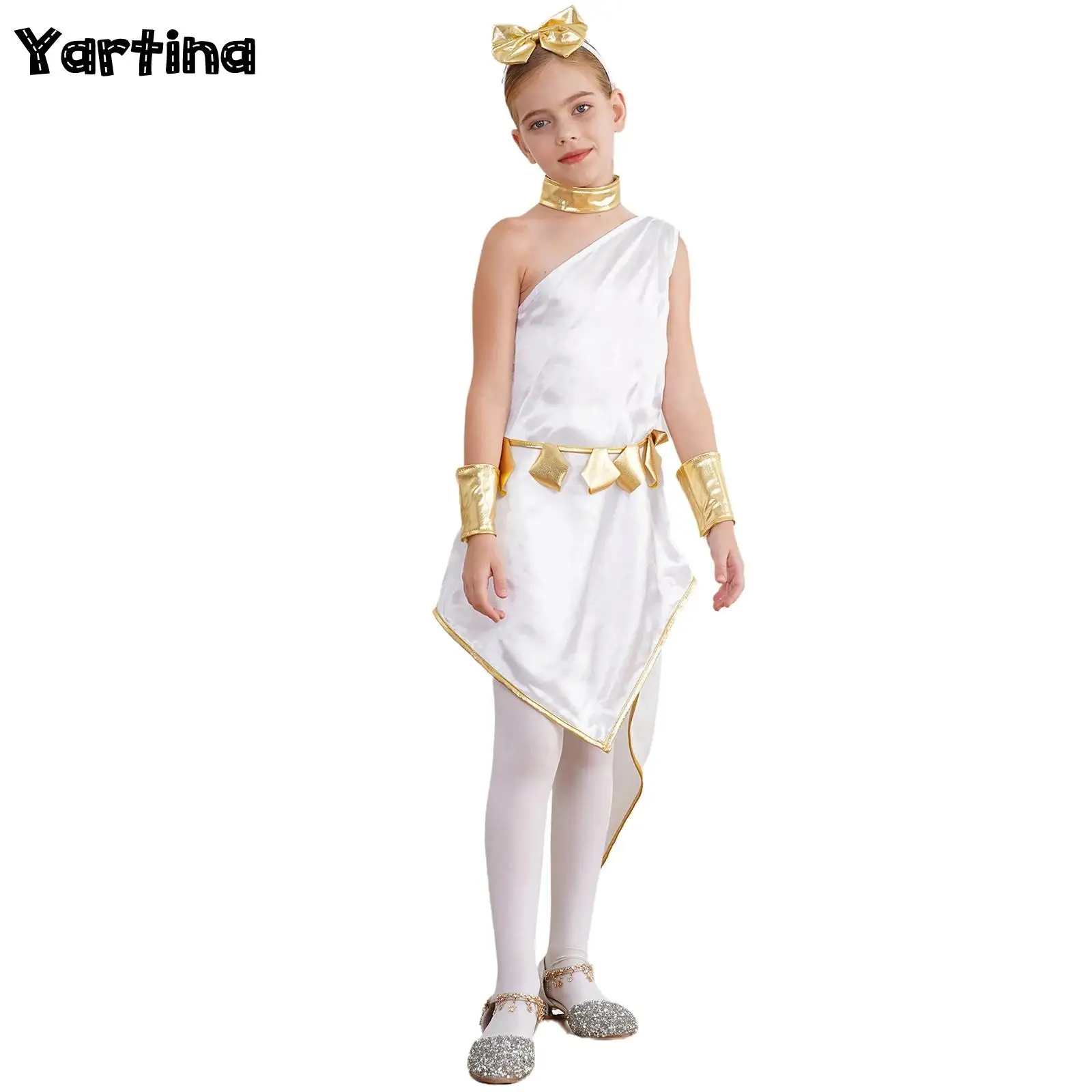 Girls Halloween Ancient Greek Toga Princess Cosplay Costume Slant Shoulder Dress with Hair Hoop Waistband Wrist Bands Choker Set