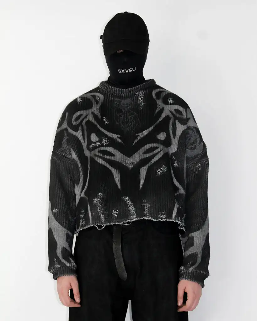 Y2K black and white contrasting abstract personalized street printed slim knit sweater