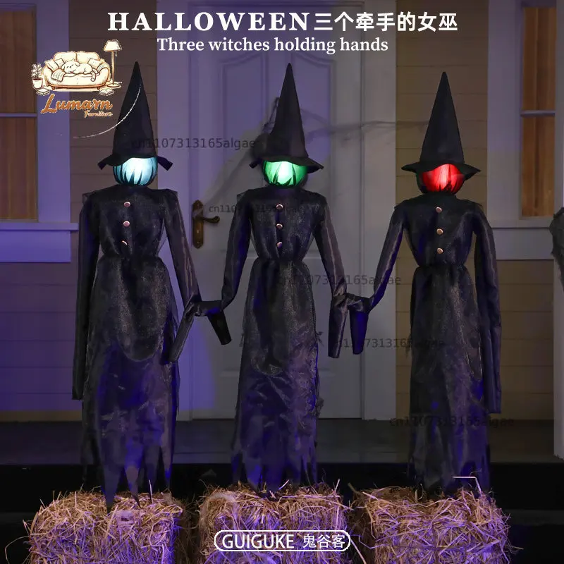 Halloween outdoor colorful three holding hands witch ornament haunted house secret room amusement park induction large dec