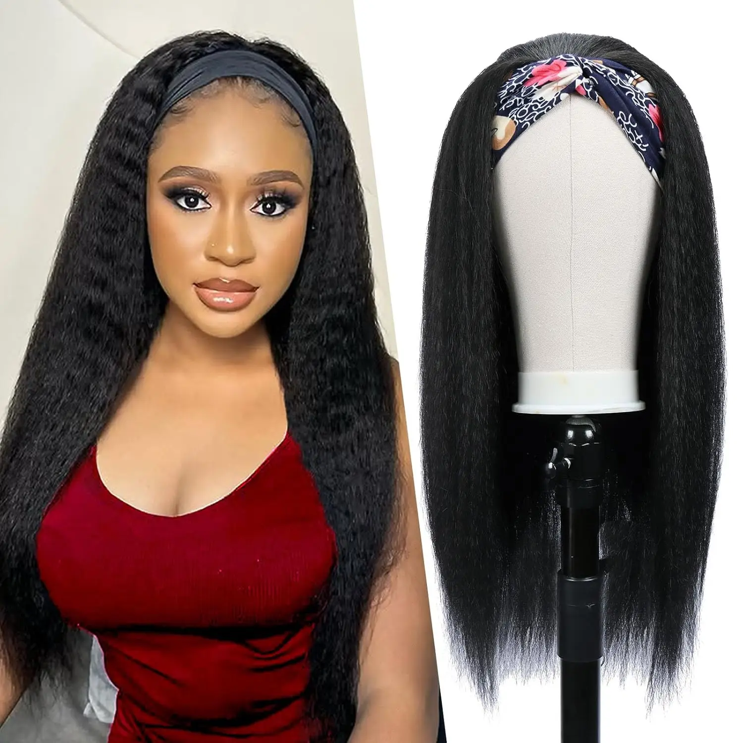

Kinky Straight Human Hair Wigs For Women Wear To Go Yaki Straight Headband Wig Human Hair Full Machine Made Wig With Headband