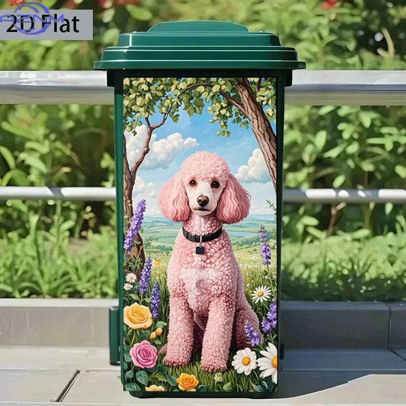2D Flat Printing 1pc Trash Can Sticker 37×82cm Pink Poodle Basking in Spring Breeze Themed Design Self-Adhesive Wall Decal Wal
