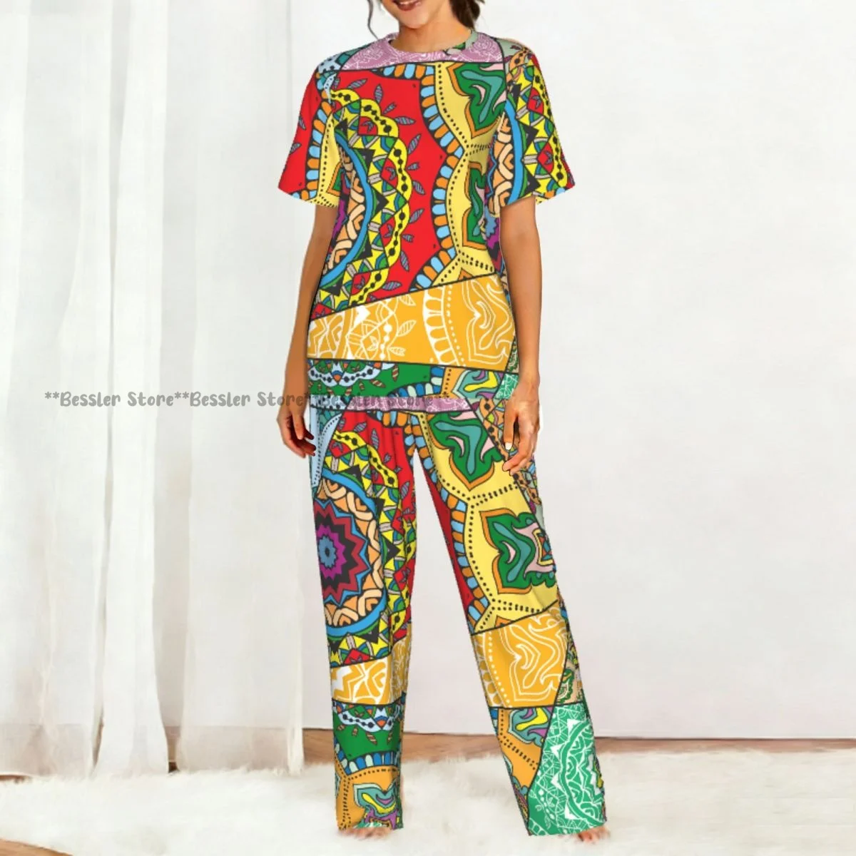 Vintage Indian Arabic Turkish Mosaic Print Pajamas Set Short-sleeved Women Home Clothing view 5