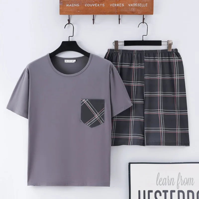 Männer Pyjamas Kurzarm Shorts Baumwolle Sommer Dünne Plus Größe Teen Loungewear Rundhals Pullover Plaid Shorts Easy Wash Pyjamas