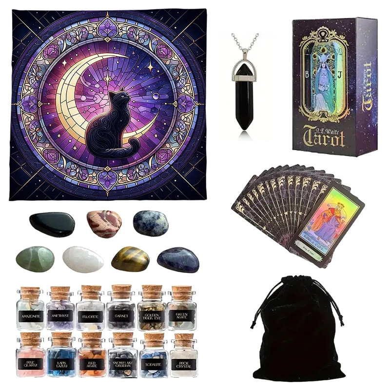 

6pcs Card Set 1 Set of 78 Cards 1 Set of Crystal Vases 1pc of 7 Chakra Stones 1 Tablecloth 1 Pendant Accessory 1 Storage Bag