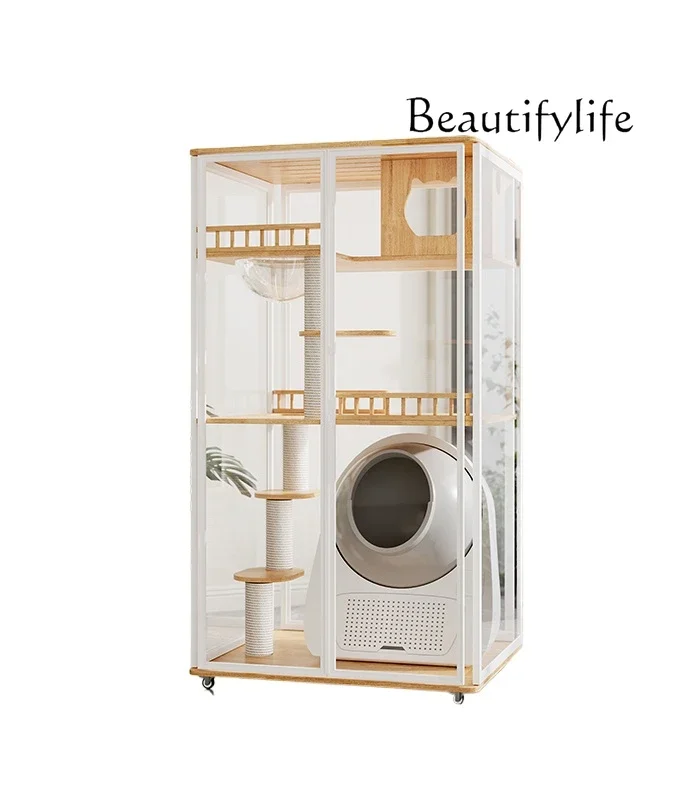 Panoramic glass cat villa solid wood does not occupy a cat nest household small apartment cat cage