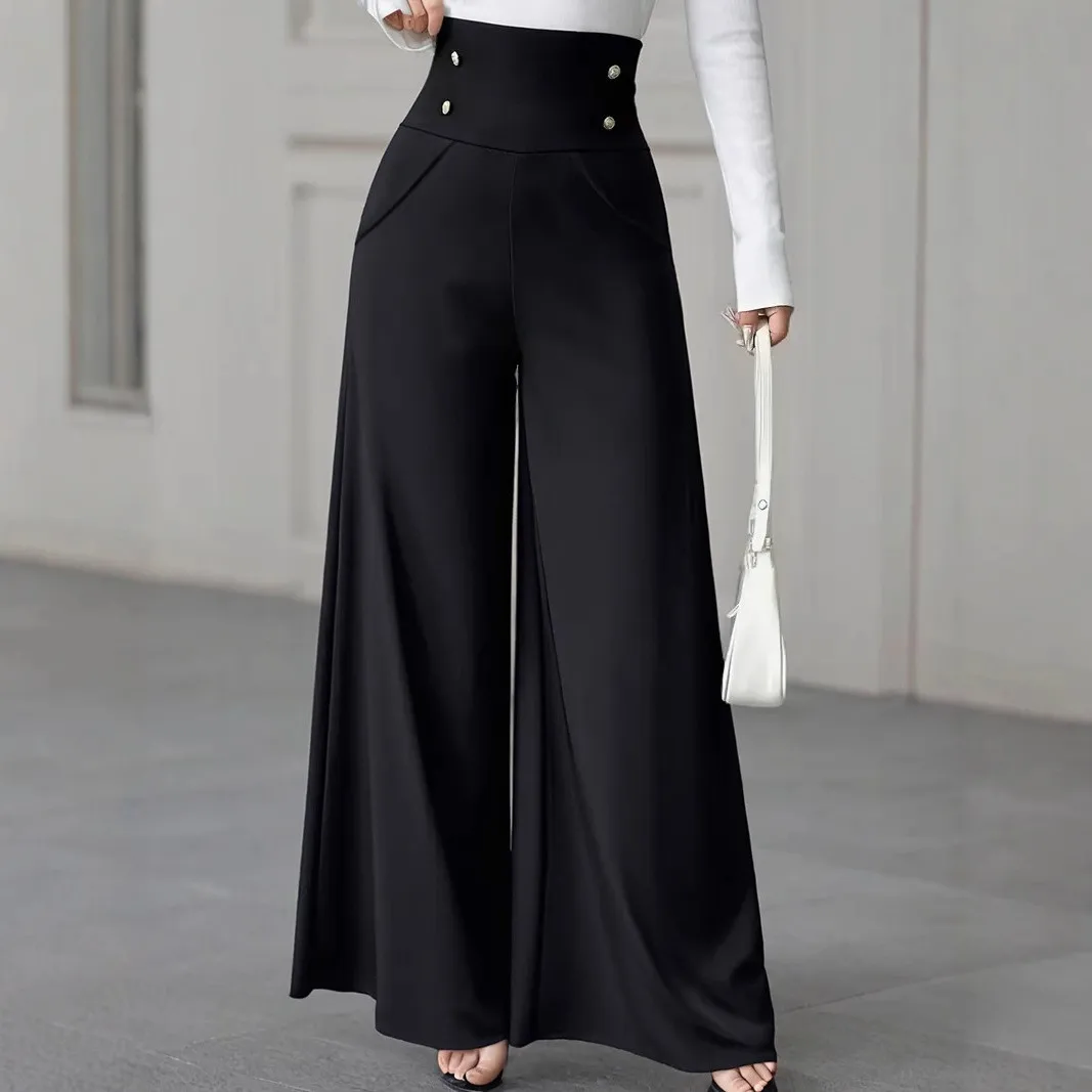 Women High Waist Black Pants Straight Loose Fit Trousers Solid Color Wide Leg Pants Button Detail Full Length Smooth Fabric