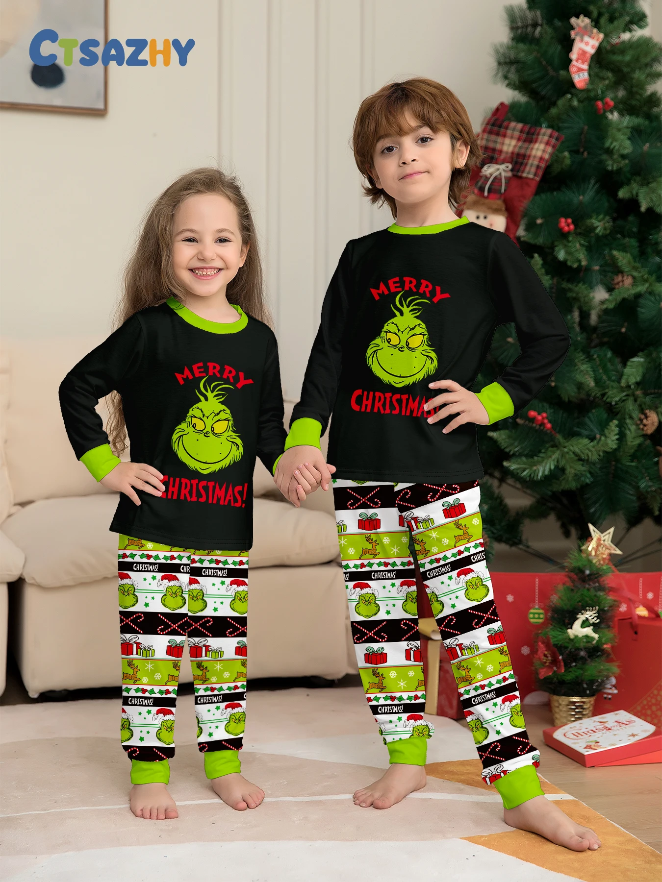 New Christmas cartoon parent-child pajamas Europe and the United States long sleeve trousers letter printing home set