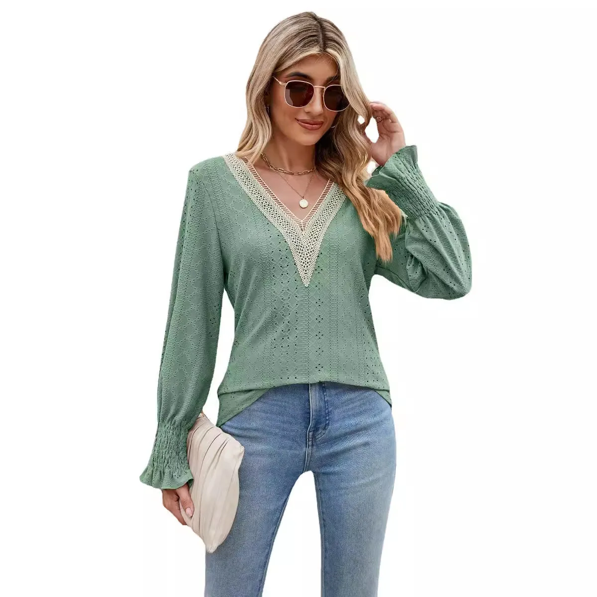 2024 Spring Summer Women's Long Sleeve T-shirt New Solid Lace Patchwork V-neck Long Sleeved Loose Fitting T-shirt Female Top