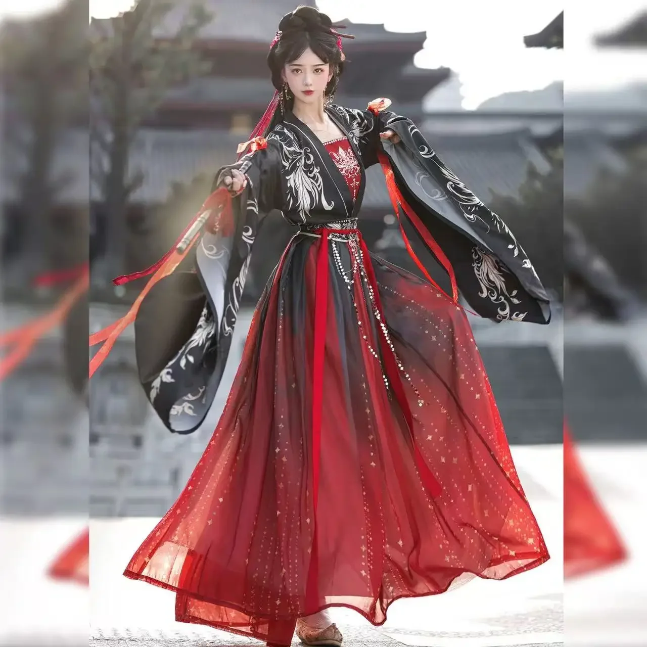 

Traditional Chinese Weijin Period Fairy Martial Suit Halloween Swordsman Cosplay Costume Long Robe Dark Black Red Women's Hanfu