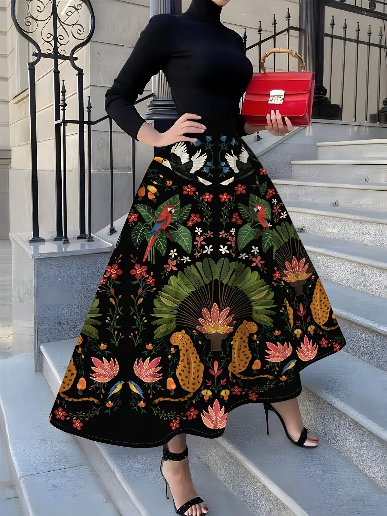 

Черная юбка миди с тропическим цветочным принтом для женщин: элегантная, модная, А-силуэт, с завышенной талией, летняя, повседневная, для офиса